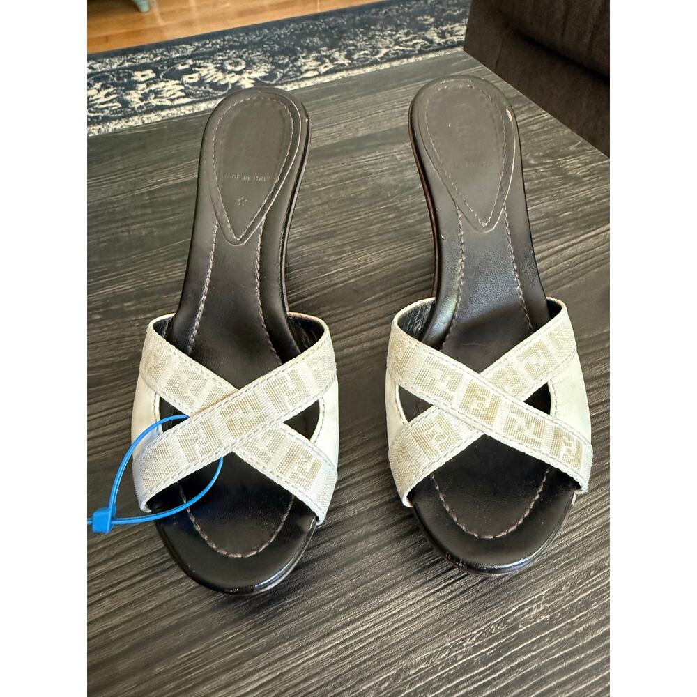 Fendi Open Toe with White Zucca FF Monogram Slingback Mules Sz. 35